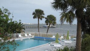 A pool area with lounge chairs and umbrellas, surrounded by palm trees and a view of the water.