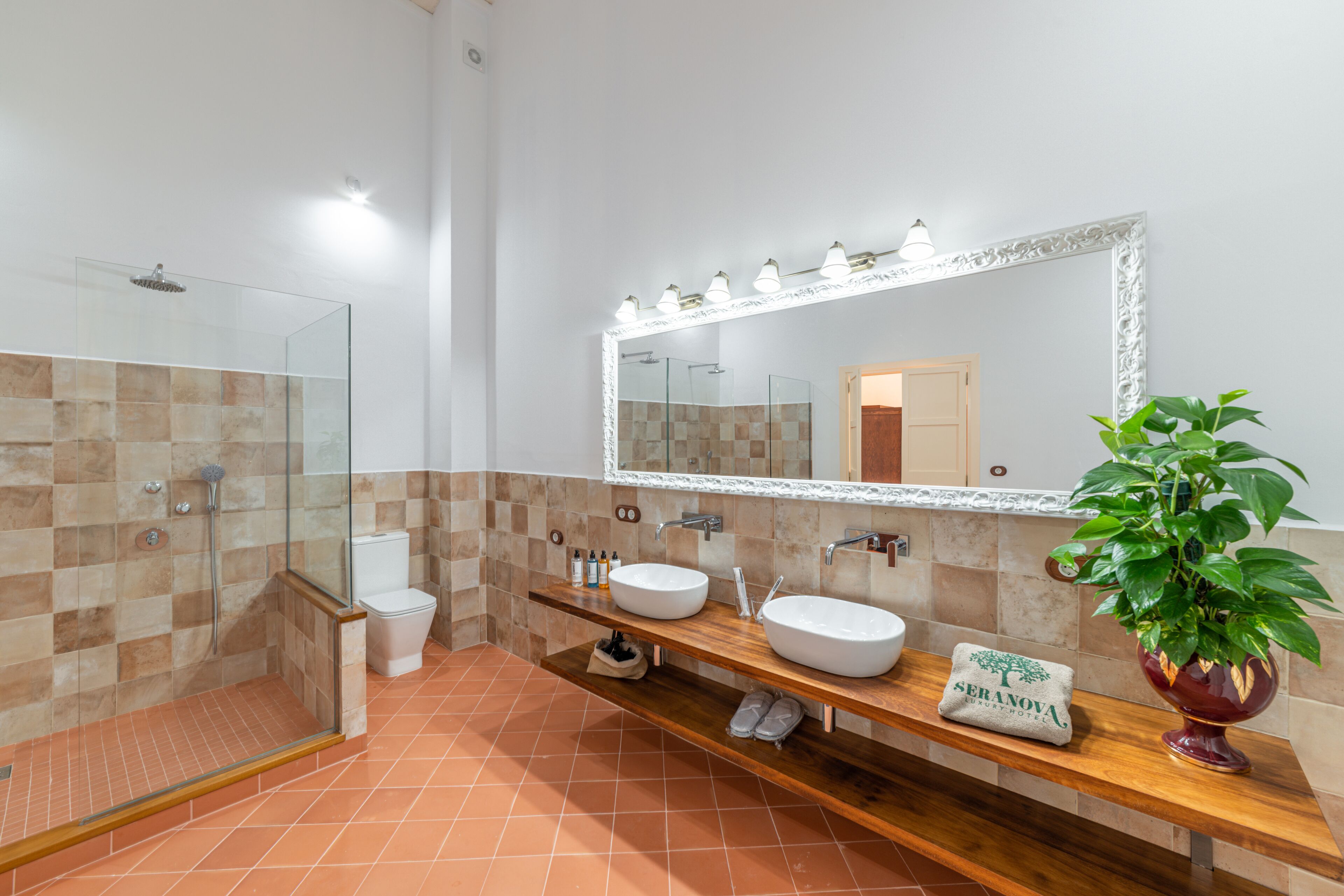 A bathroom with a glass-enclosed shower, two sinks, a large mirror, and a potted plant.
