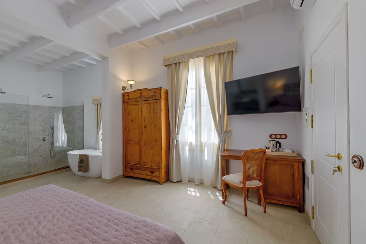Ein Schlafzimmer mit Bett, Schreibtisch, Fernseher, Kleiderschrank und Duschbereich.