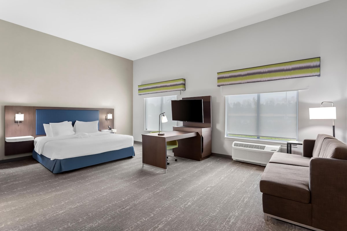 Quarto de hotel com cama, escrivaninha, televisão e sofá.