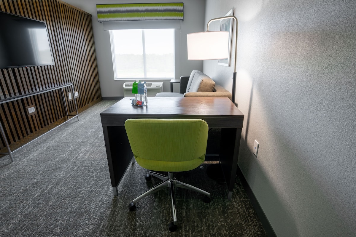 Desk, laptop workspace, blackout curtains, iron/ironing board