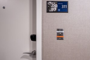 Desk, laptop workspace, blackout curtains, iron/ironing board