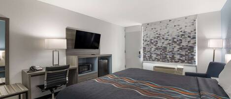 A hotel room with a bed, desk, chair, TV, and a patterned window treatment.
