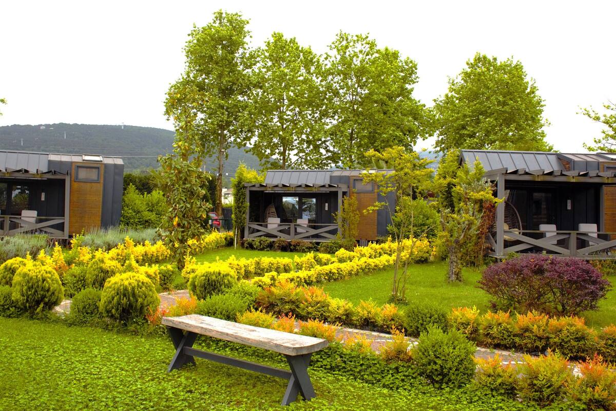 A row of wooden cabins with large windows, surrounded by well-maintained gardens and trees.