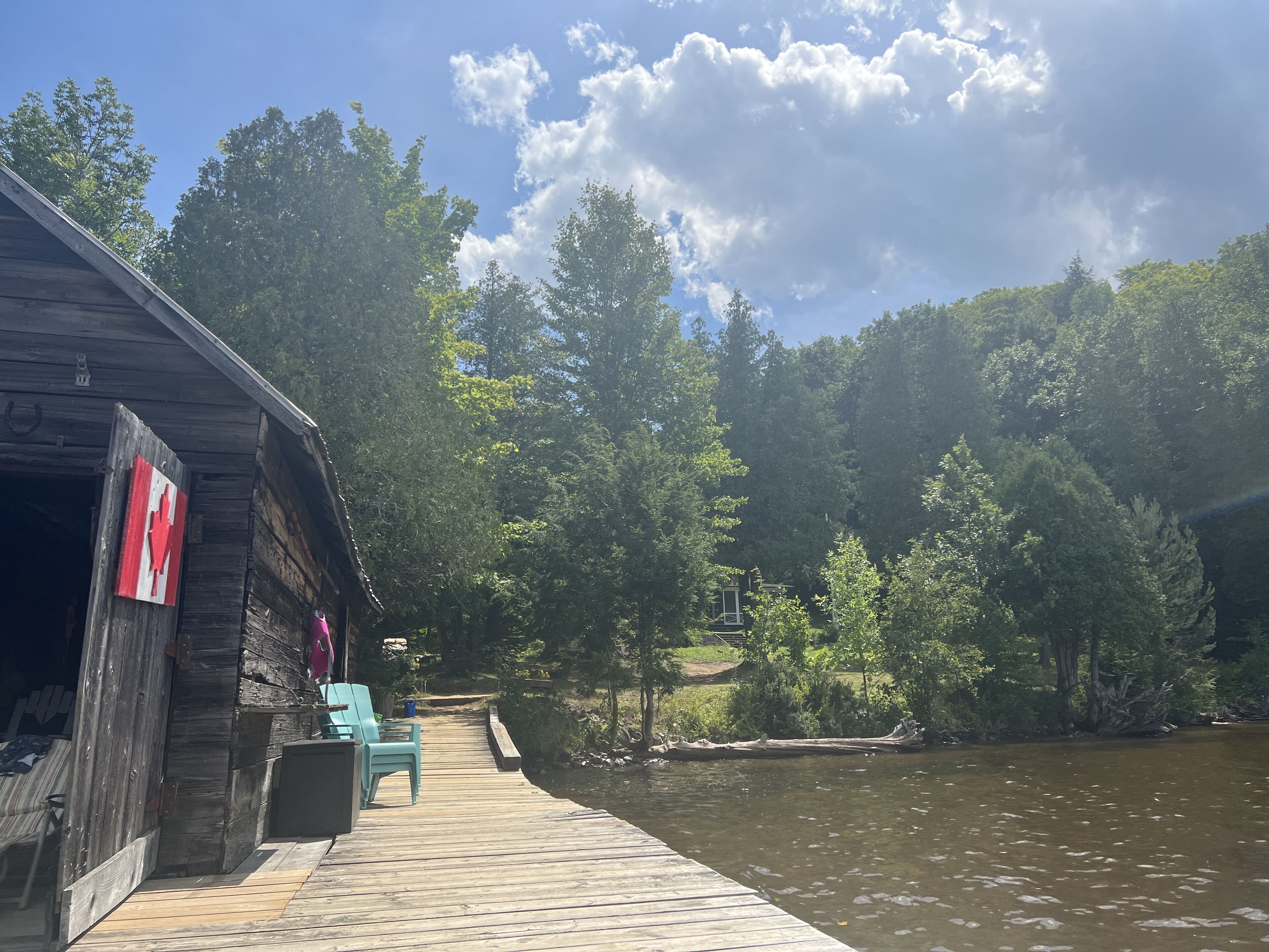 A wooden dock extending into a river, with a rustic building on the left and dense forest in the background.