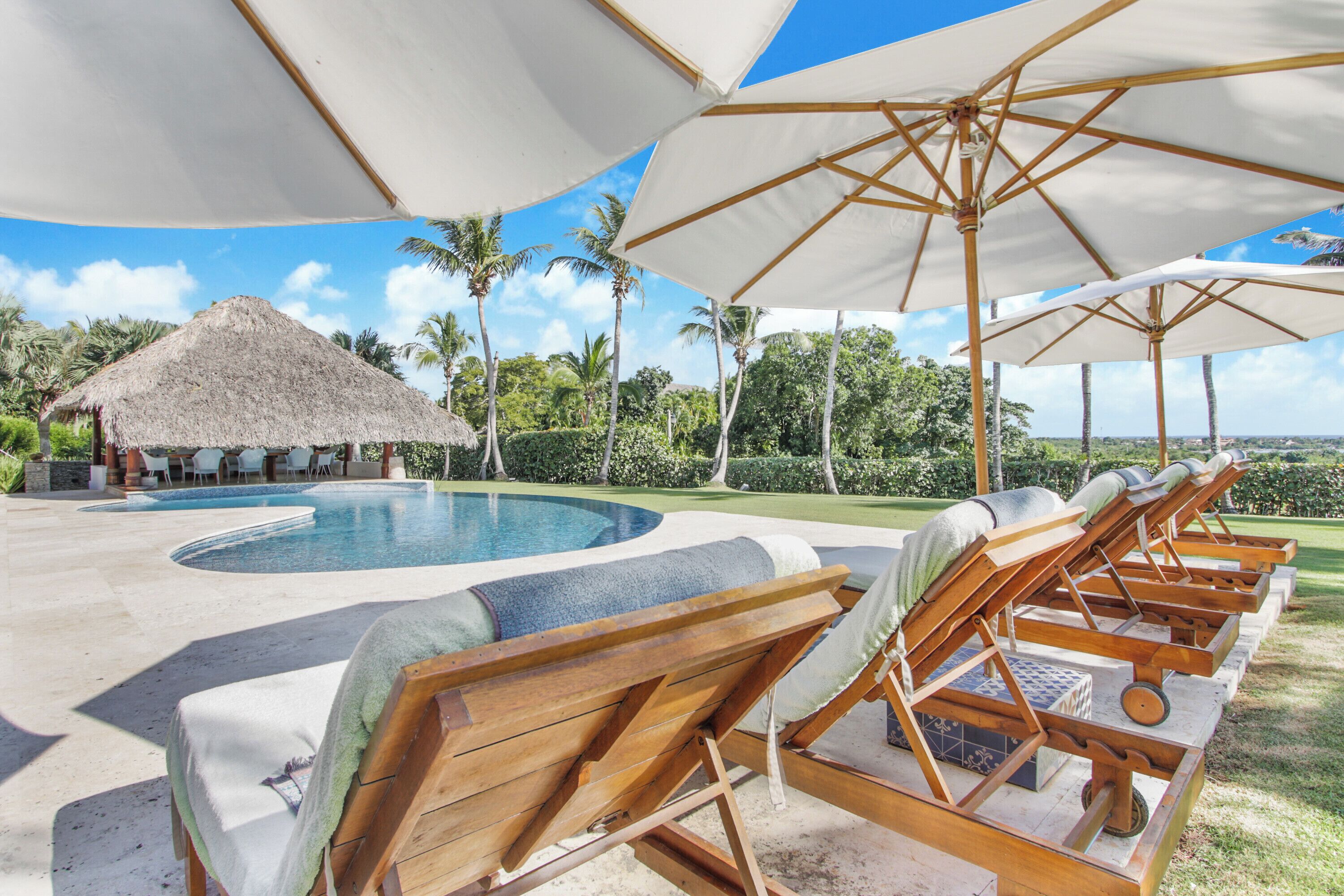 A pool area with lounge chairs and umbrellas, a thatched-roof structure, and palm trees.