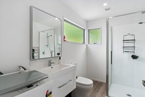 Shower, hair dryer, towels