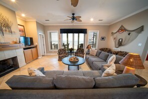 Smart TV, fireplace, DVD player, books