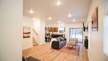 TV, fireplace, books, offices