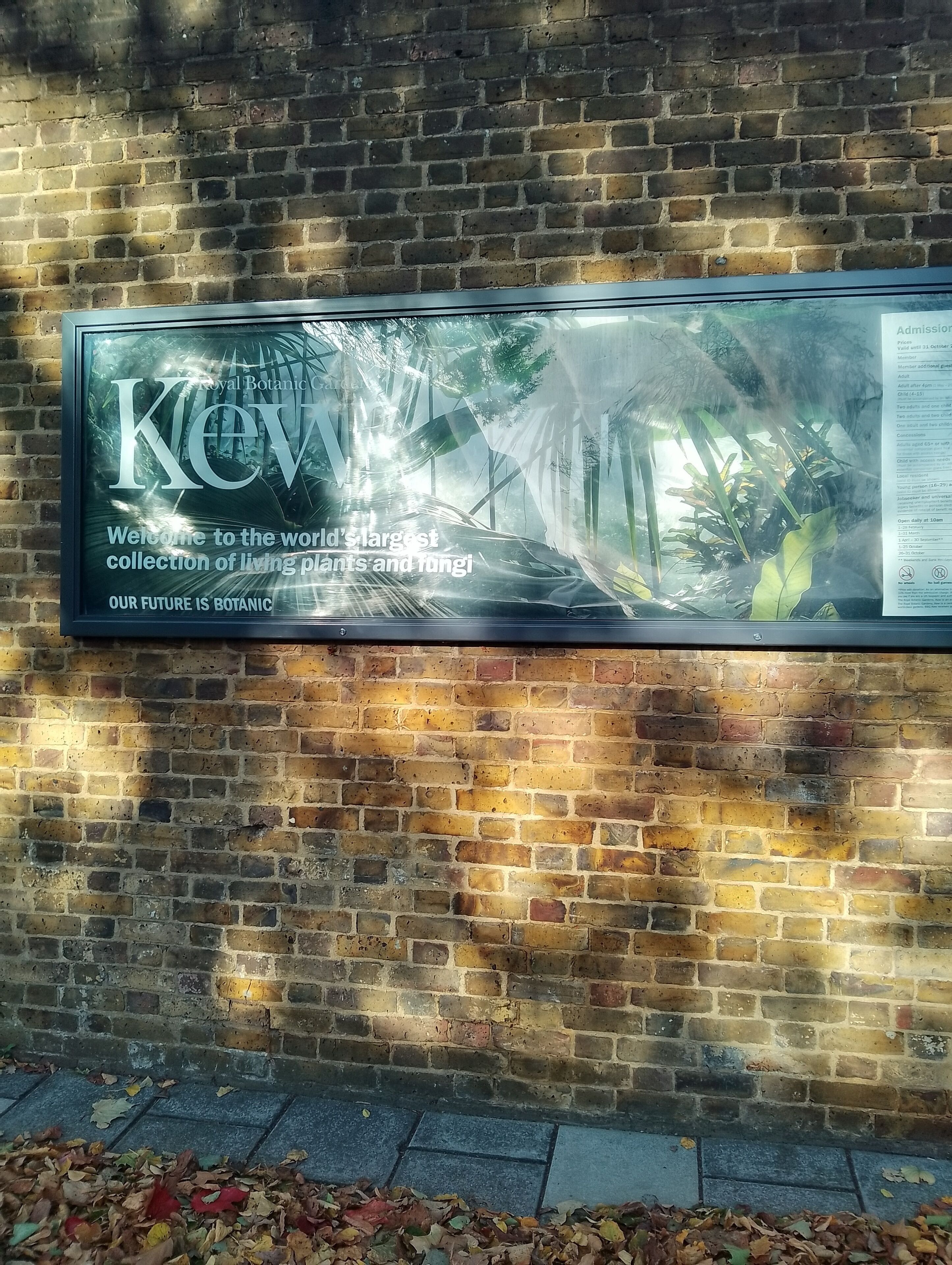 A sign for the Royal Botanic Gardens, Kew, stating it is the world's largest collection of living plants and fungi.