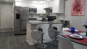 A modern kitchen with white cabinets, stainless steel appliances, and a central island with bar stools.