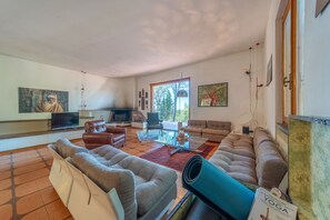 Télévision, cheminée, table de tennis de table