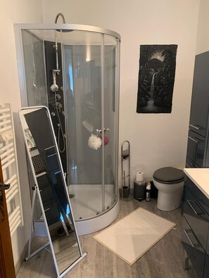 Combined shower/bathtub, hair dryer