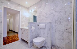 Douche, articles de toilette (gratuits), séchoir à cheveux