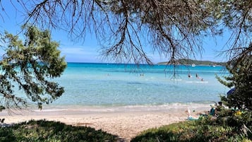 On the beach, sun-loungers