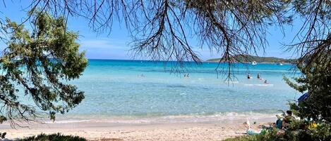 On the beach, sun-loungers