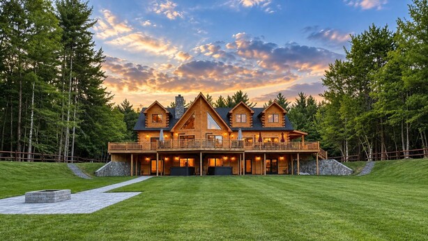 A large log cabin with a spacious deck, surrounded by a well-maintained lawn and tall trees. - Grand Peaks Lodge, Luxury Log Home, Views, Hot Tub, Sauna, EV Charger, 3D Tour (Jay)