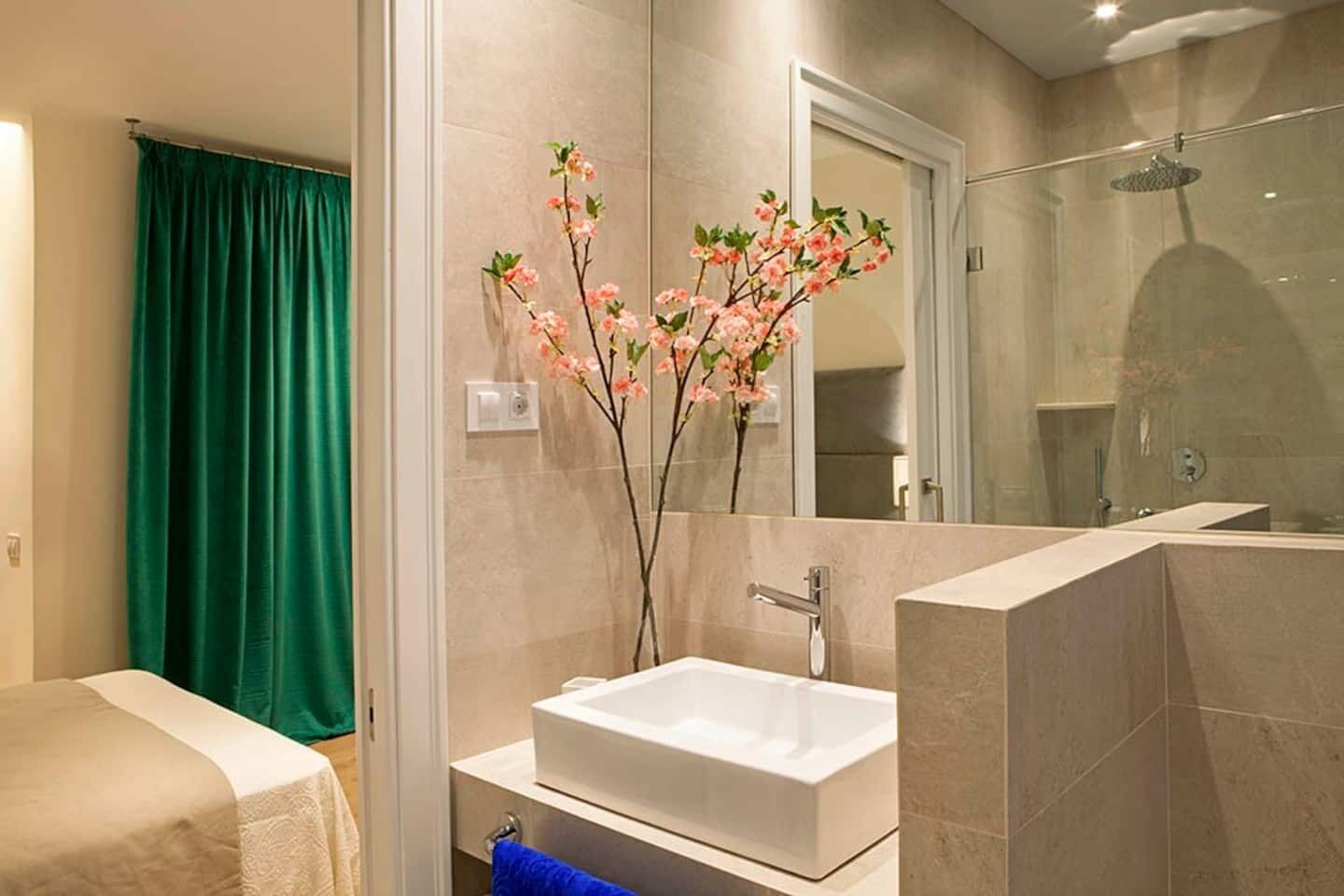 Shower, hair dryer, towels, toilet paper