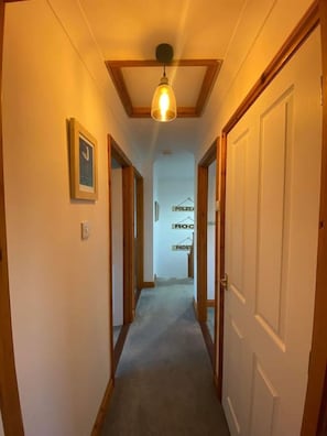 A narrow hallway with wooden doors and a hanging light fixture.