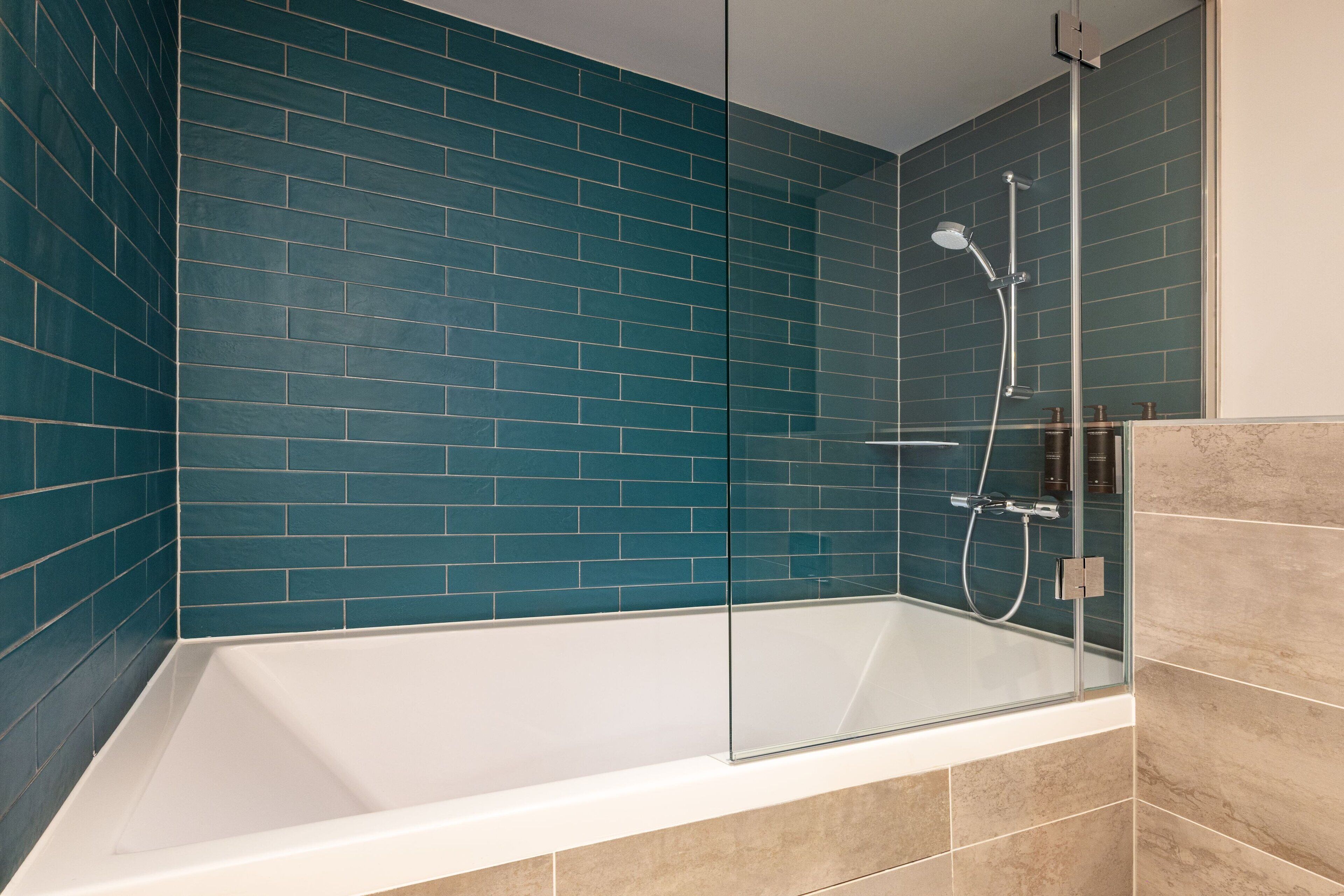 hair dryer, towels, soap, shampoo