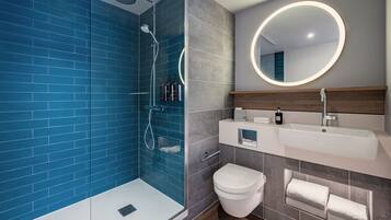 Hair dryer, towels, soap, shampoo