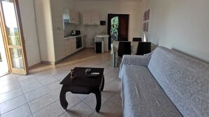 Un salon comprenant un canapé, une table basse et un coin repas avec des chaises et une table. Il y a également une cuisine avec des placards et un évier.