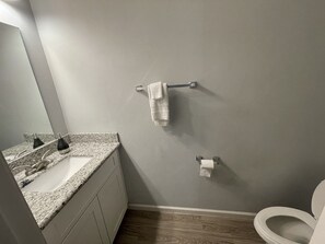 Combined shower/tub, hair dryer, towels, toilet paper