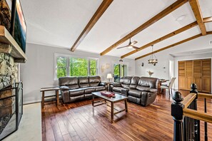 Smart TV, fireplace, video games, DVD player