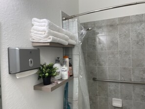 Ensemble baignoire-douche, séchoir à cheveux, serviettes fournies