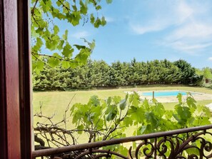 Une vue d’une cour arrière avec une piscine, entourée d’arbres et d’une clôture.