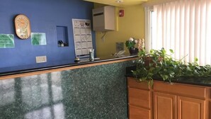 Zona de recepción con pared azul, un reloj, un tablón de anuncios y una planta.
