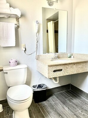 A bathroom with a toilet, a sink, a mirror, and a shower curtain. - Budget Inn (Redding)