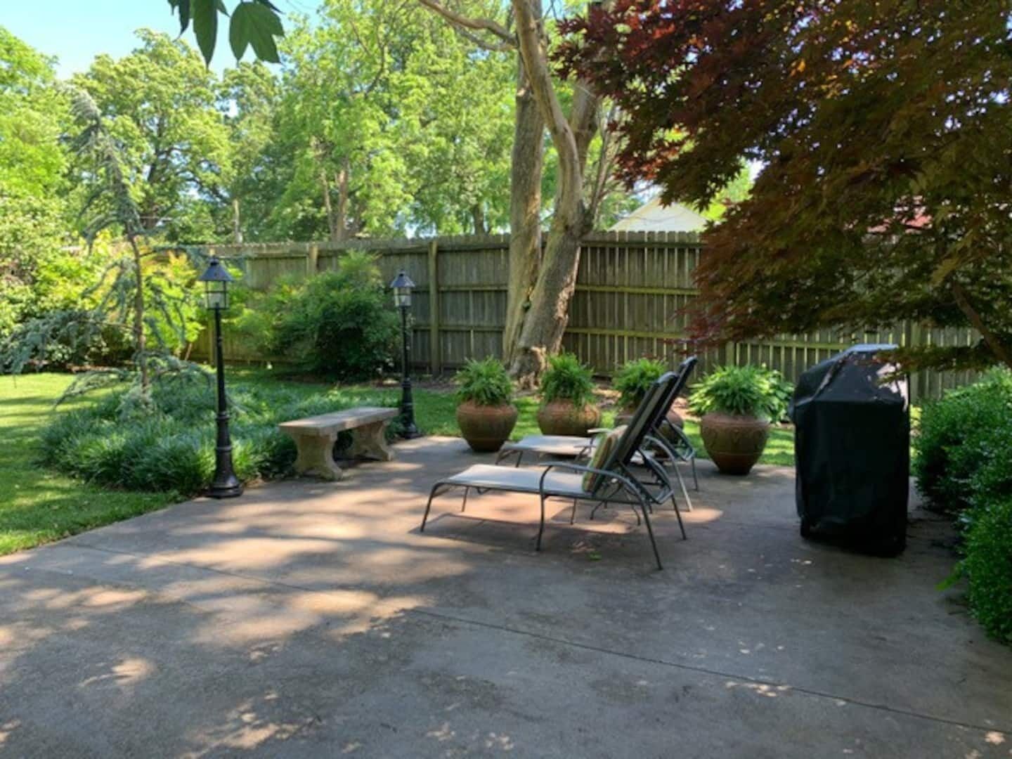 Un patio trasero con piso de concreto, cerca de madera, una parrilla y plantas en macetas.
