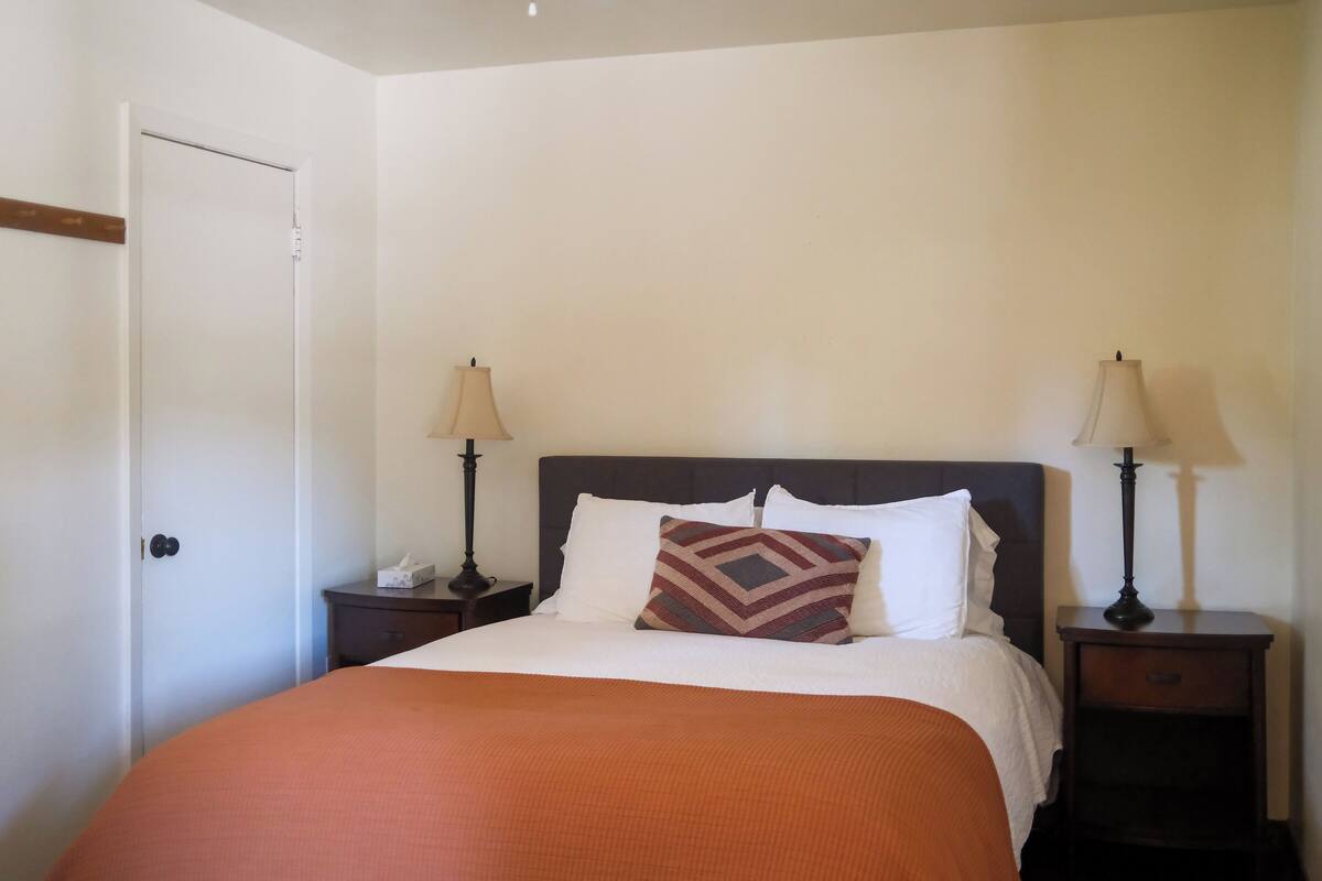 A neatly made bed with a patterned pillow, two bedside lamps, and a closed door.