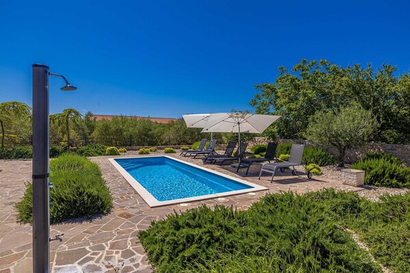 Une piscine rectangulaire bordée de pierres, entourée de chaises longues et de parasols, aménagée dans un jardin paysager agrémenté de divers arbustes et arbres.