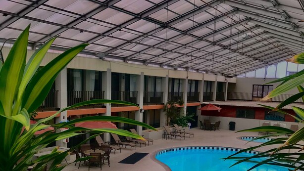 Piscina interna com teto de vidro, rodeada por cadeiras de descanso e guarda-sóis.