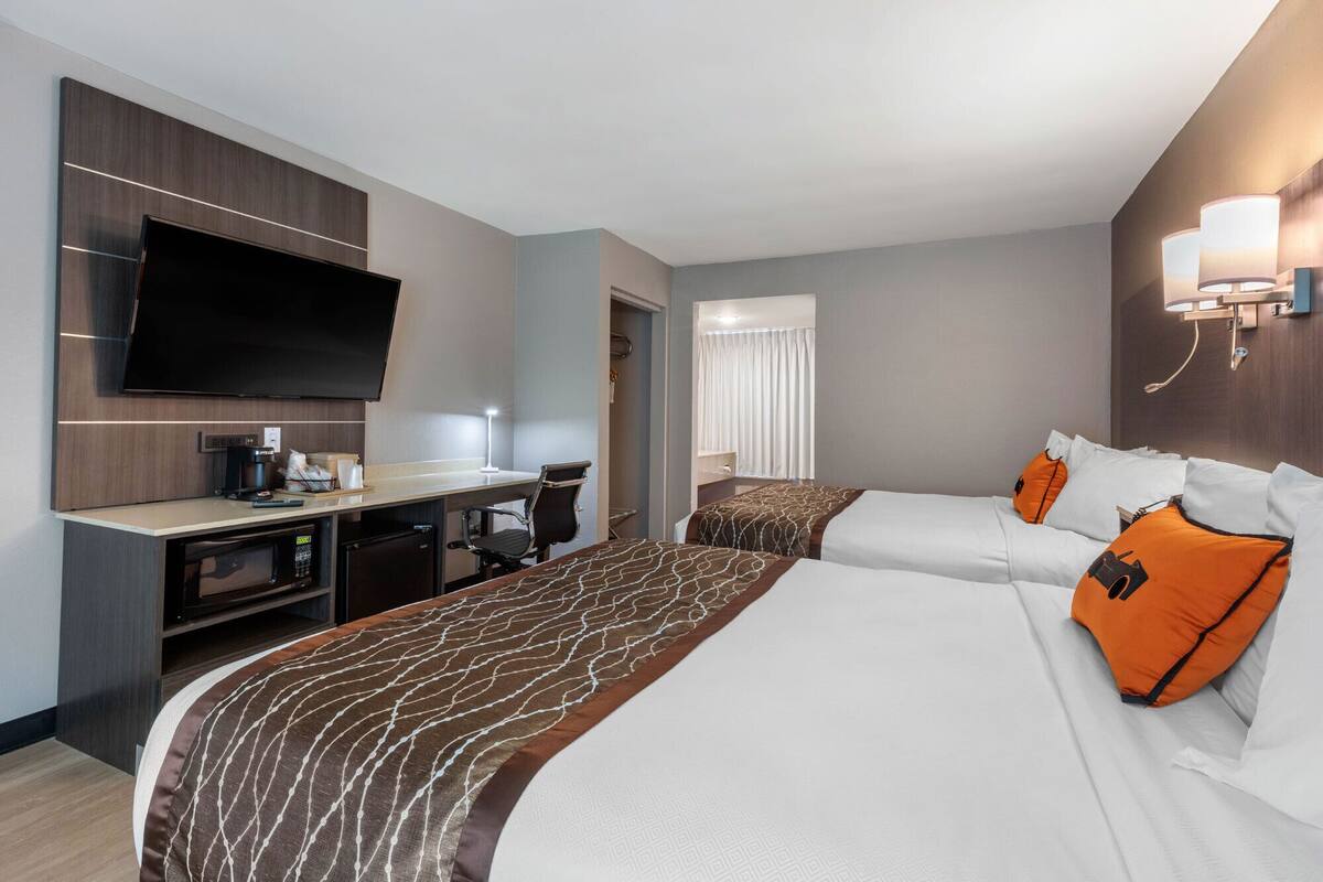Hotelkamer met een groot bed, een bureau met een flatscreen televisie, een koffieapparaat en een douche.