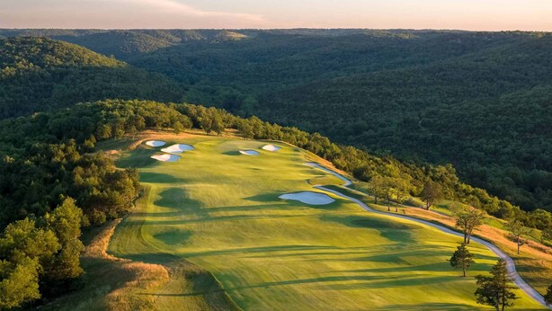 A golf course with bunkers and a winding path. - Modern Jewel : No Stairs : 3 bedrooms : Sleeps 6 : Pool Open : Views (Branson)