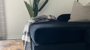 A dark-colored sofa with a patterned throw blanket and a single pillow. A large green plant is placed on the sofa. - Modern Jewel : No Stairs : 3 bedrooms : Sleeps 6 : Pool Open : Views (Branson)