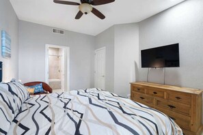 A bedroom with a bed, a wooden dresser, a ceiling fan, and a flat-screen TV mounted on the wall.