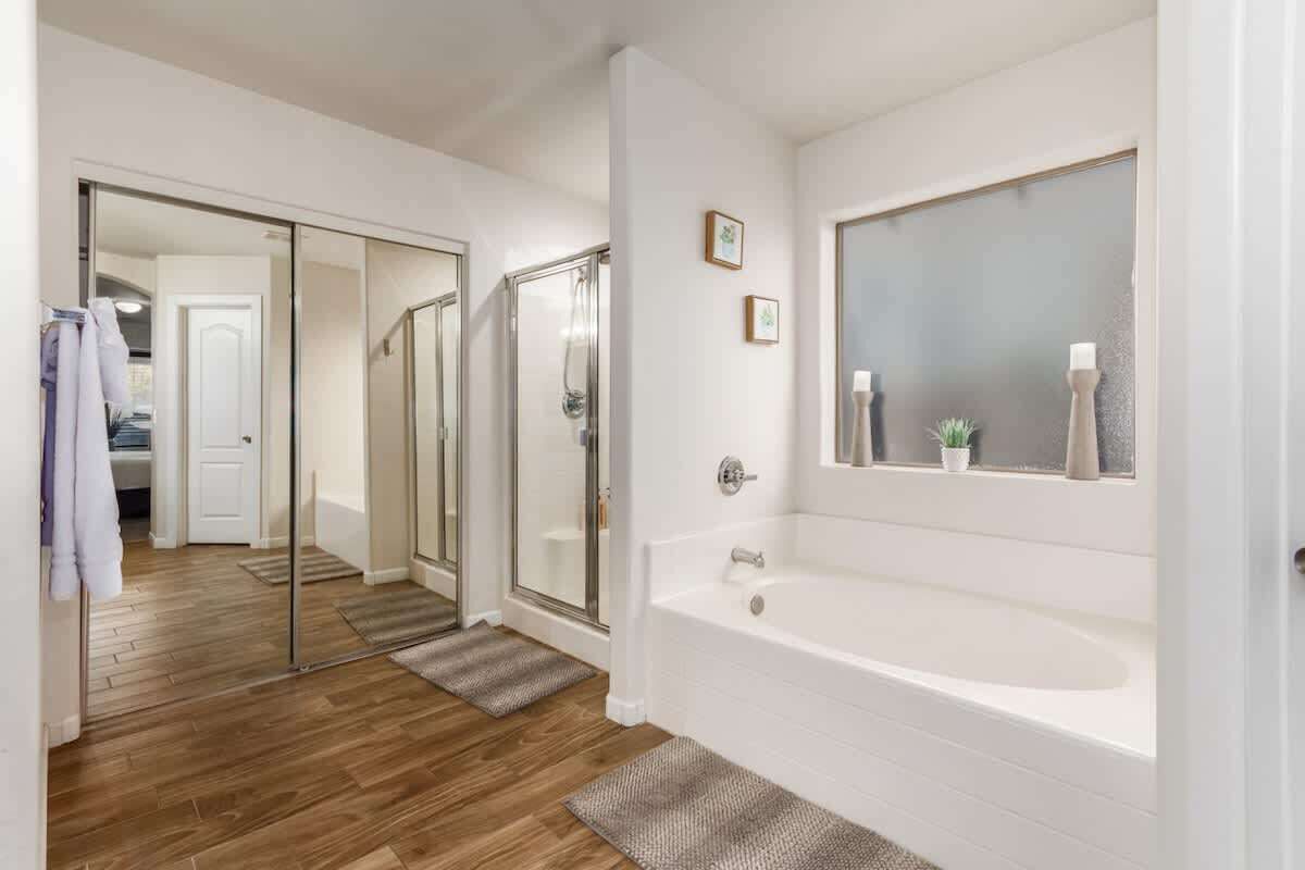 Shower, hair dryer, shampoo