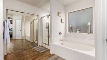 Shower, hair dryer, shampoo