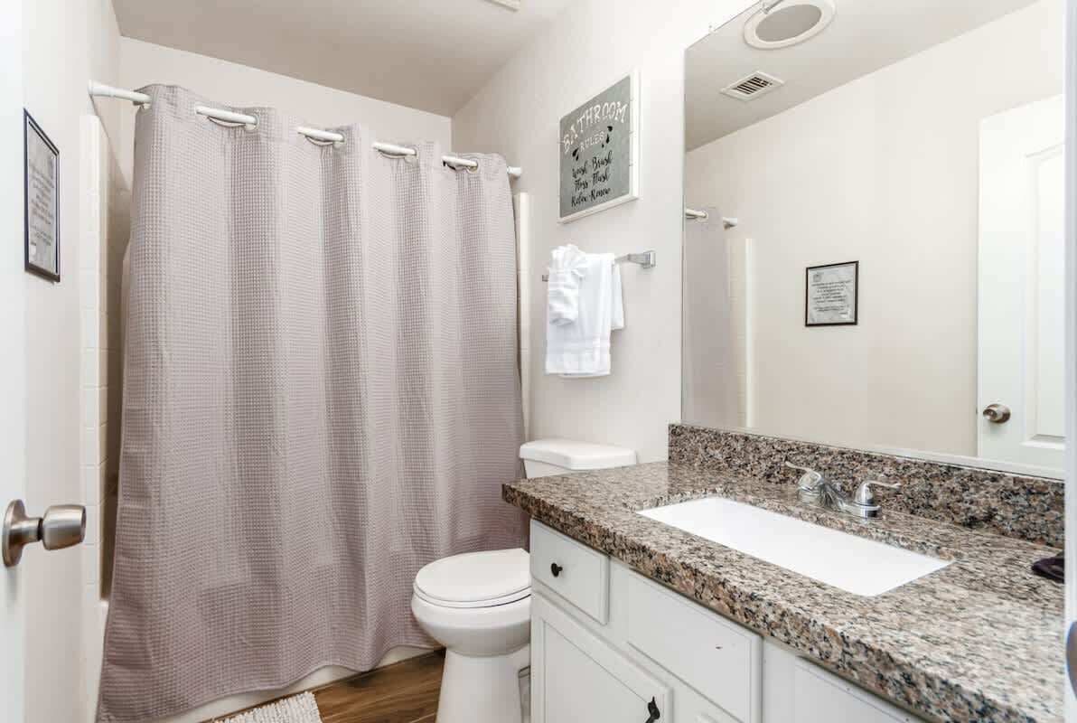 Shower, hair dryer, shampoo