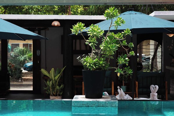 Un espace piscine avec une bordure carrelée, des plantes en pot et des parasols.