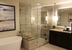 Combined shower/tub, hair dryer, towels, soap