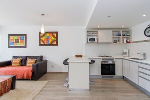 公寓, 1 张大床和 1 张沙发床, 阳台, 山景 | 起居区 | 43-英寸智能电视 （配备有线频道）、电视