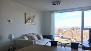 Een moderne woonkamer met een bank, een eettafel en stoelen. Een groot raam biedt uitzicht op een landschap.