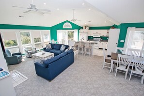 TV, fireplace, books, stereo