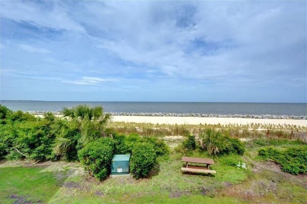 Enjoy a serene beachfront setting with ocean views, a grassy area, and a bench for relaxation.