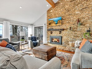 Smart TV, chimenea y libros 